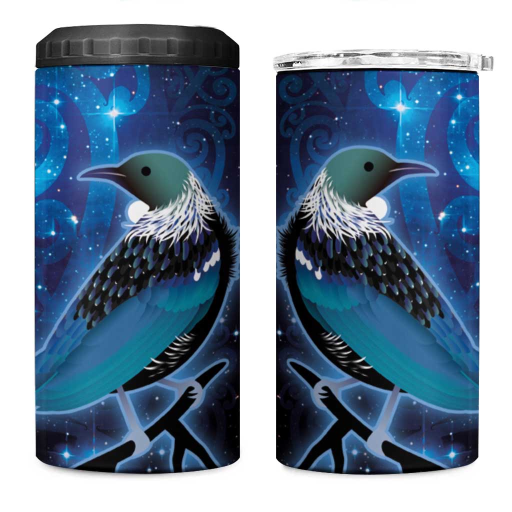 New Zealand Tui Bird 4 in 1 Can Cooler Tumbler The Pleiades Star Cluster and Koru Tribal Tattoo Galaxy Vibe