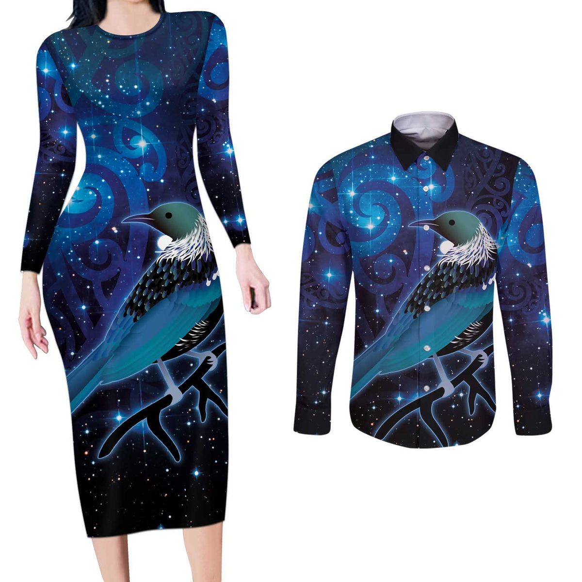 New Zealand Tui Bird Couples Matching Long Sleeve Bodycon Dress and Long Sleeve Button Shirt The Pleiades Star Cluster and Koru Tribal Tattoo Galaxy Vibe