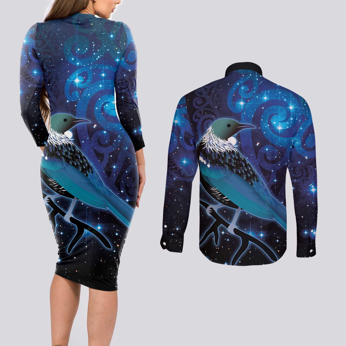 New Zealand Tui Bird Couples Matching Long Sleeve Bodycon Dress and Long Sleeve Button Shirt The Pleiades Star Cluster and Koru Tribal Tattoo Galaxy Vibe
