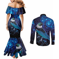New Zealand Tui Bird Couples Matching Mermaid Dress and Long Sleeve Button Shirt The Pleiades Star Cluster and Koru Tribal Tattoo Galaxy Vibe