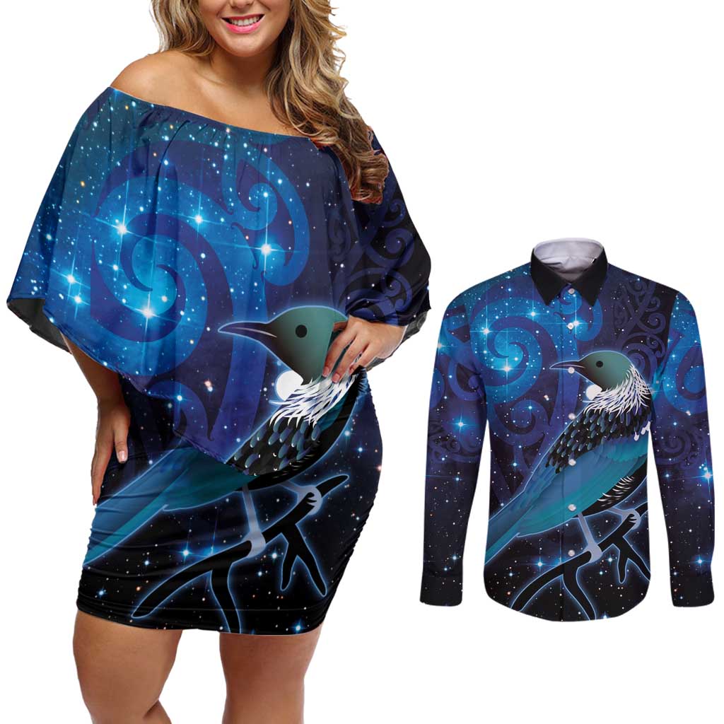 New Zealand Tui Bird Couples Matching Off Shoulder Short Dress and Long Sleeve Button Shirt The Pleiades Star Cluster and Koru Tribal Tattoo Galaxy Vibe