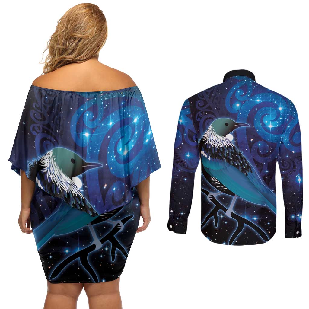 New Zealand Tui Bird Couples Matching Off Shoulder Short Dress and Long Sleeve Button Shirt The Pleiades Star Cluster and Koru Tribal Tattoo Galaxy Vibe