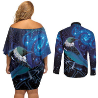 New Zealand Tui Bird Couples Matching Off Shoulder Short Dress and Long Sleeve Button Shirt The Pleiades Star Cluster and Koru Tribal Tattoo Galaxy Vibe