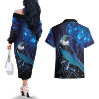 New Zealand Tui Bird Couples Matching Off The Shoulder Long Sleeve Dress and Hawaiian Shirt The Pleiades Star Cluster and Koru Tribal Tattoo Galaxy Vibe