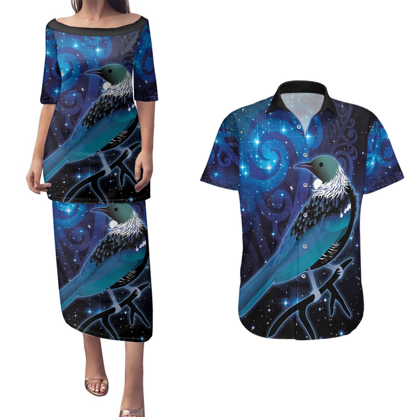 New Zealand Tui Bird Couples Matching Puletasi and Hawaiian Shirt The Pleiades Star Cluster and Koru Tribal Tattoo Galaxy Vibe