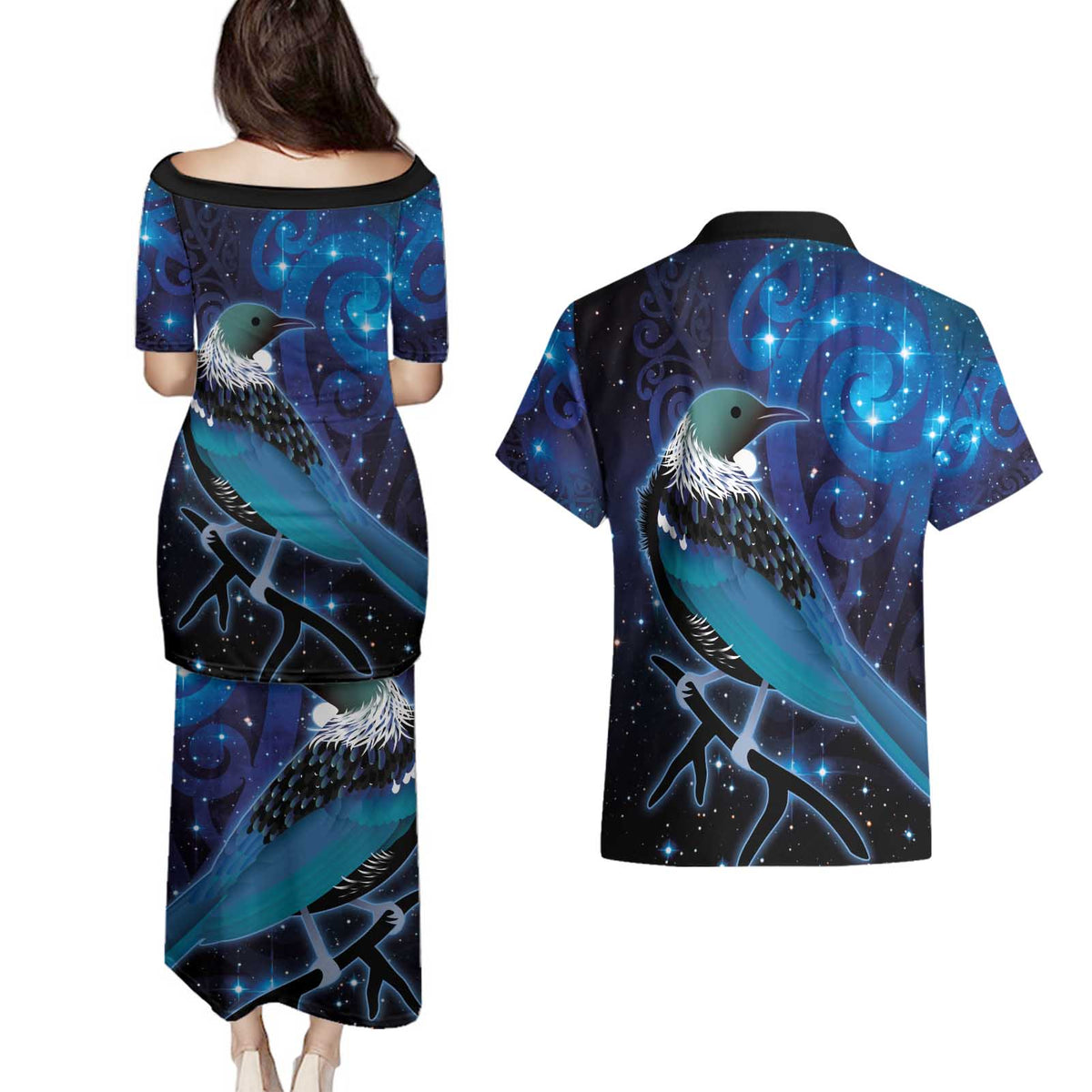 New Zealand Tui Bird Couples Matching Puletasi and Hawaiian Shirt The Pleiades Star Cluster and Koru Tribal Tattoo Galaxy Vibe