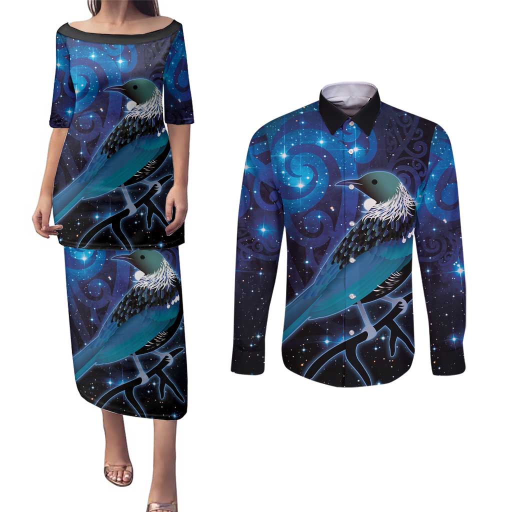 New Zealand Tui Bird Couples Matching Puletasi and Long Sleeve Button Shirt The Pleiades Star Cluster and Koru Tribal Tattoo Galaxy Vibe