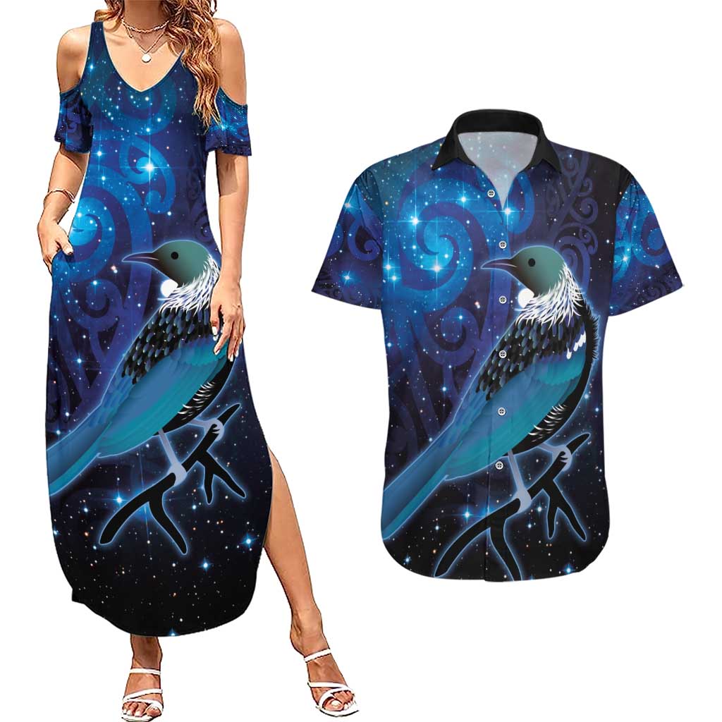 New Zealand Tui Bird Couples Matching Summer Maxi Dress and Hawaiian Shirt The Pleiades Star Cluster and Koru Tribal Tattoo Galaxy Vibe