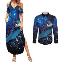 New Zealand Tui Bird Couples Matching Summer Maxi Dress and Long Sleeve Button Shirt The Pleiades Star Cluster and Koru Tribal Tattoo Galaxy Vibe