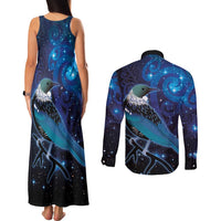 New Zealand Tui Bird Couples Matching Tank Maxi Dress and Long Sleeve Button Shirt The Pleiades Star Cluster and Koru Tribal Tattoo Galaxy Vibe