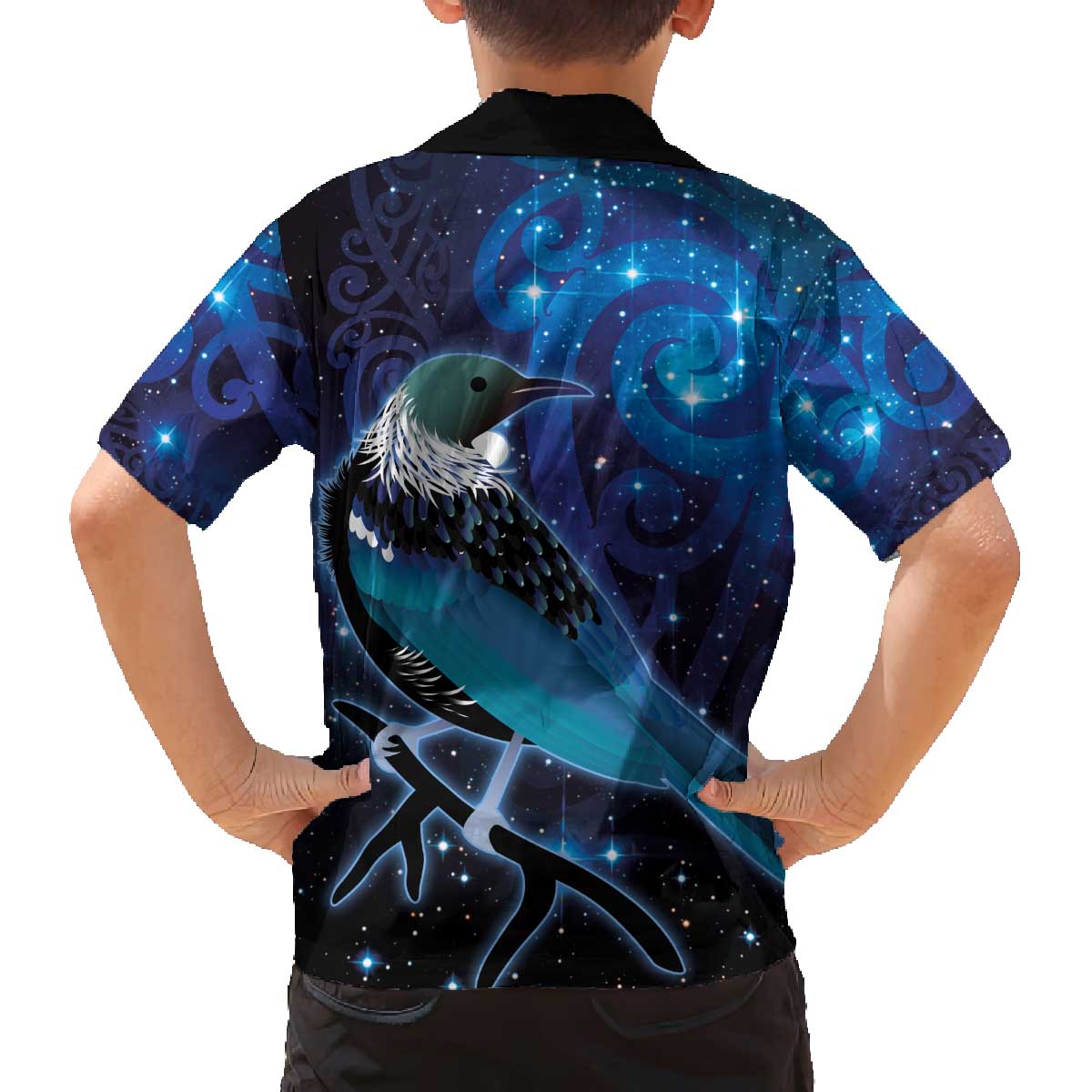 New Zealand Tui Bird Family Matching Off Shoulder Short Dress and Hawaiian Shirt The Pleiades Star Cluster and Koru Tribal Tattoo Galaxy Vibe