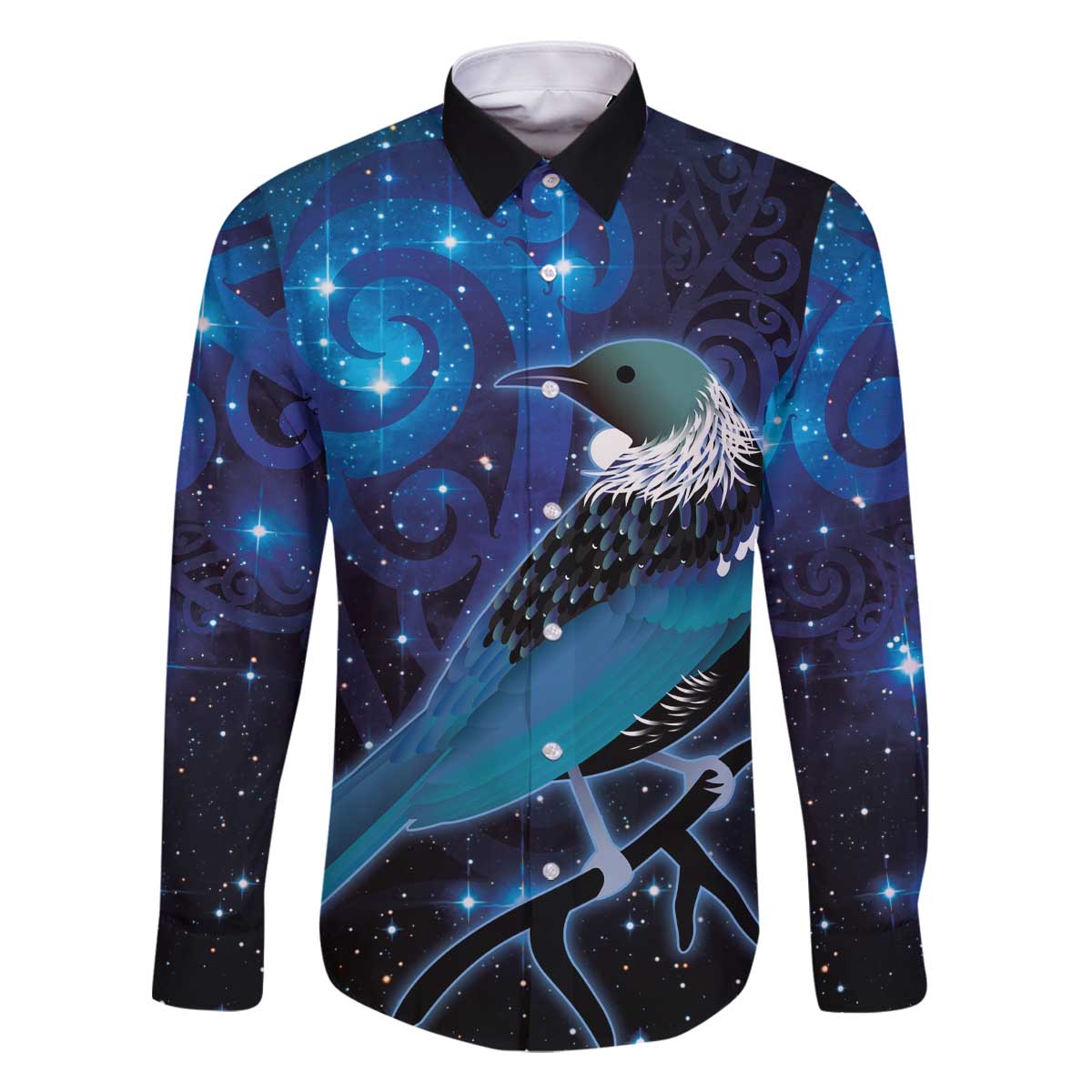 New Zealand Tui Bird Family Matching Off Shoulder Short Dress and Hawaiian Shirt The Pleiades Star Cluster and Koru Tribal Tattoo Galaxy Vibe