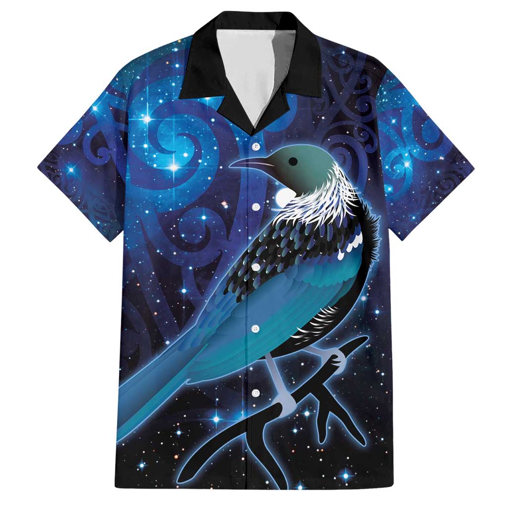 New Zealand Tui Bird Family Matching Short Sleeve Bodycon Dress and Hawaiian Shirt The Pleiades Star Cluster and Koru Tribal Tattoo Galaxy Vibe LT03 Dad's Shirt - Short Sleeve Blue - Polynesian Pride