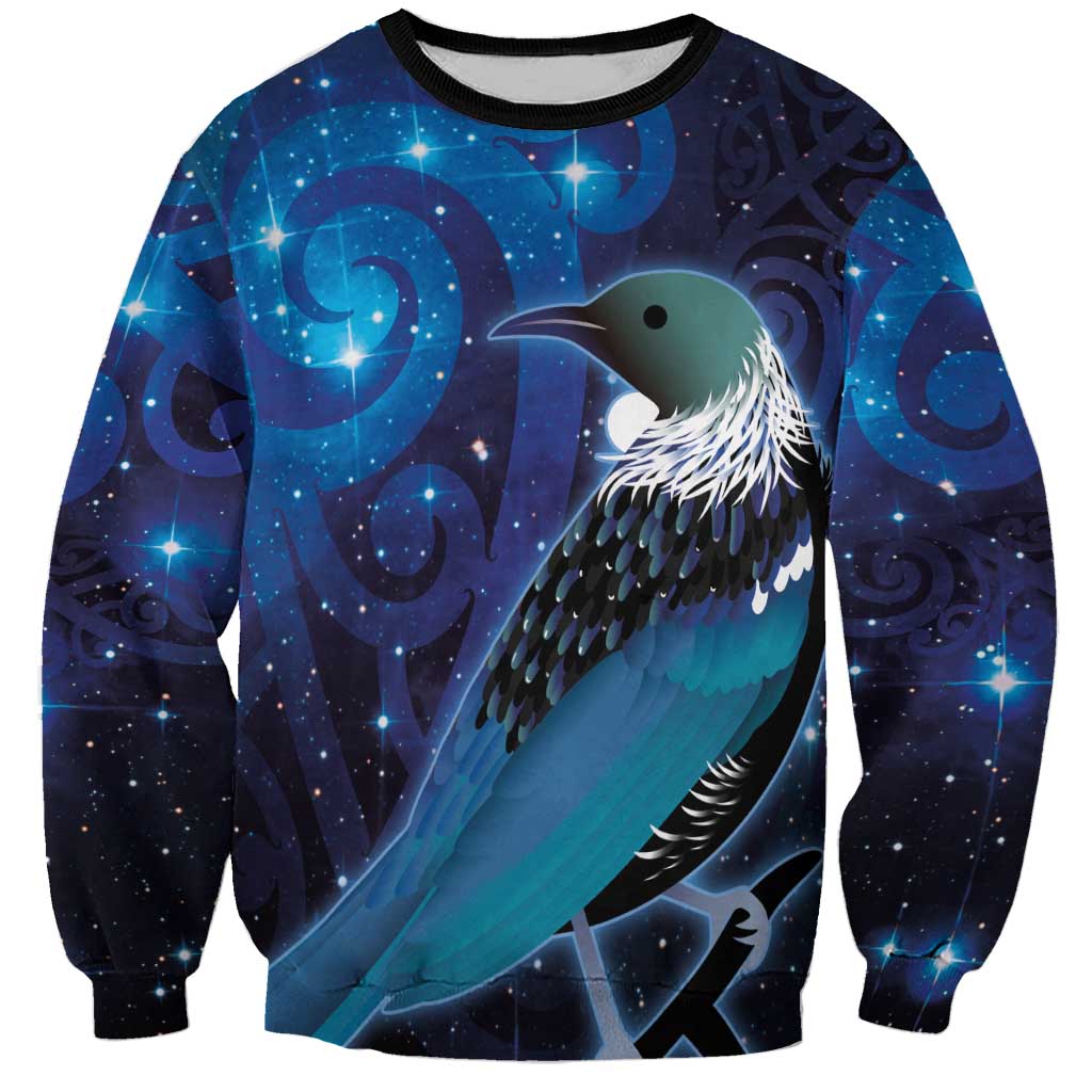 New Zealand Tui Bird Sweatshirt The Pleiades Star Cluster and Koru Tribal Tattoo Galaxy Vibe