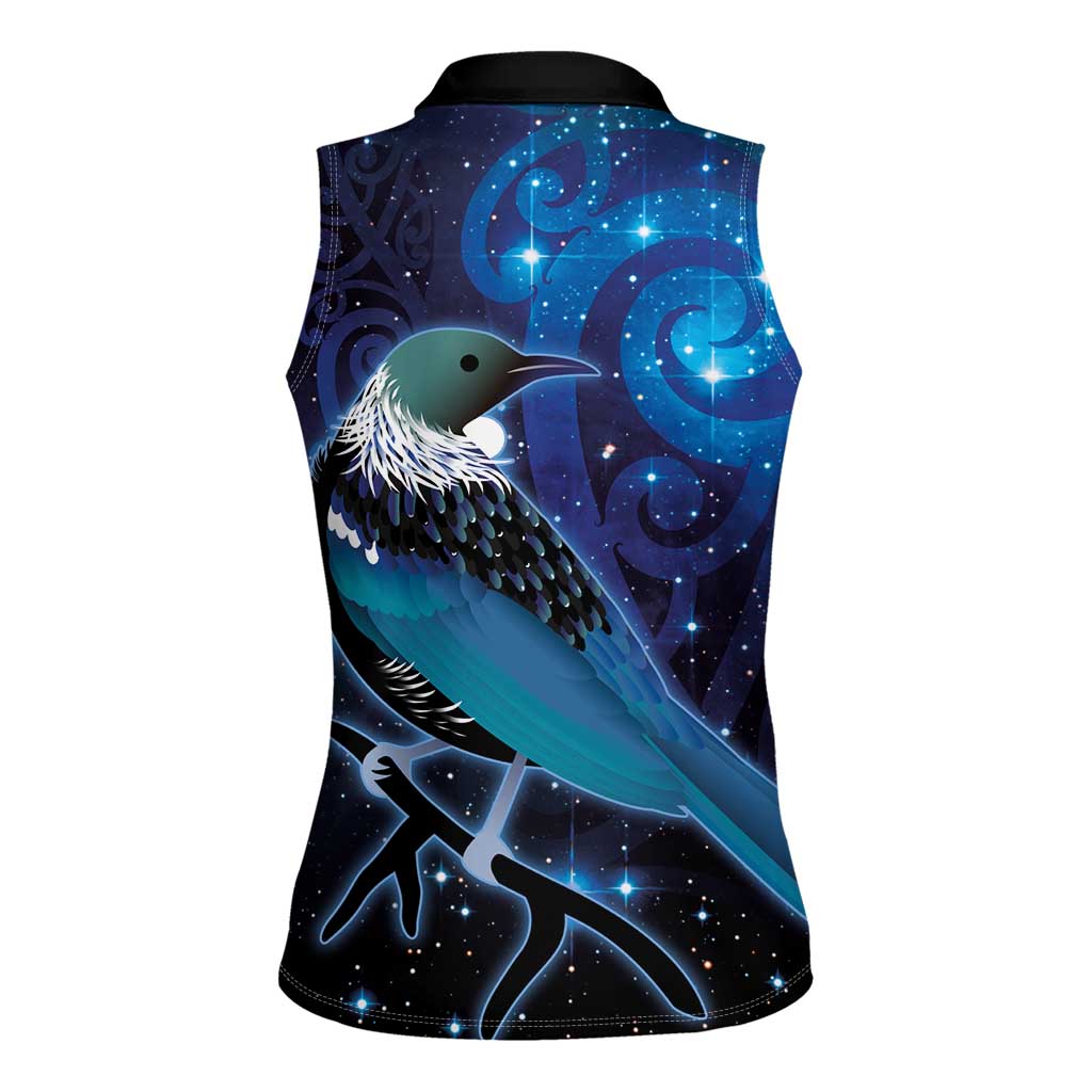 New Zealand Tui Bird Women Sleeveless Polo Shirt The Pleiades Star Cluster and Koru Tribal Tattoo Galaxy Vibe