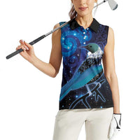 New Zealand Tui Bird Women Sleeveless Polo Shirt The Pleiades Star Cluster and Koru Tribal Tattoo Galaxy Vibe