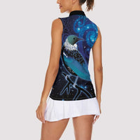 New Zealand Tui Bird Women Sleeveless Polo Shirt The Pleiades Star Cluster and Koru Tribal Tattoo Galaxy Vibe