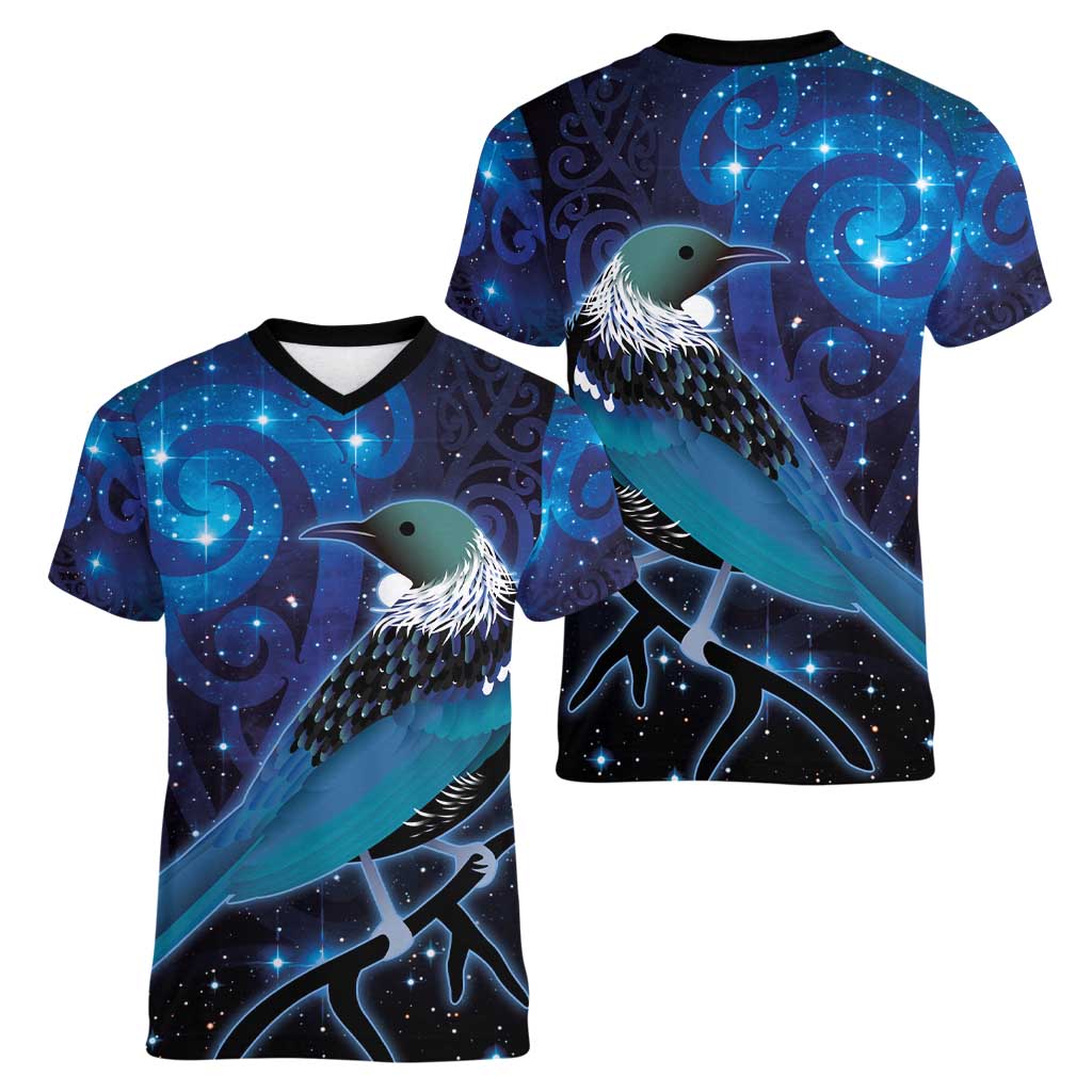 New Zealand Tui Bird Women V-Neck T-Shirt The Pleiades Star Cluster and Koru Tribal Tattoo Galaxy Vibe