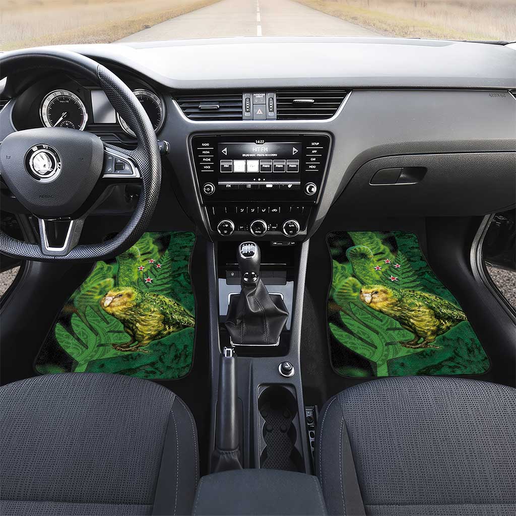 New Zealand Kākāpō Car Mats Silver Fern with Close up of Green Fern Leaves and Maori Tattoo