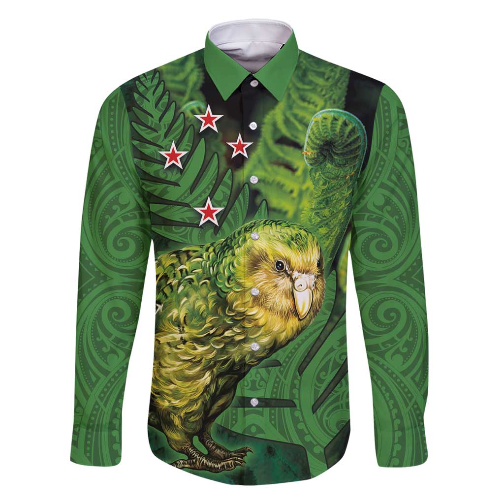 New Zealand Kkp Family Matching Mermaid Dress and Hawaiian Shirt Silver Fern with Close up of Green Fern Leaves and Maori Tattoo LT03 Dad's Shirt - Long Sleeve Green - Polynesian Pride