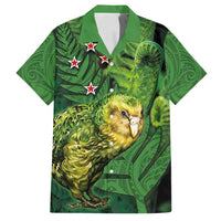 New Zealand Kākāpō Family Matching Off Shoulder Maxi Dress and Hawaiian Shirt Silver Fern with Close up of Green Fern Leaves and Maori Tattoo