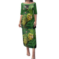 New Zealand Kākāpō Family Matching Puletasi and Hawaiian Shirt Silver Fern with Close up of Green Fern Leaves and Maori Tattoo