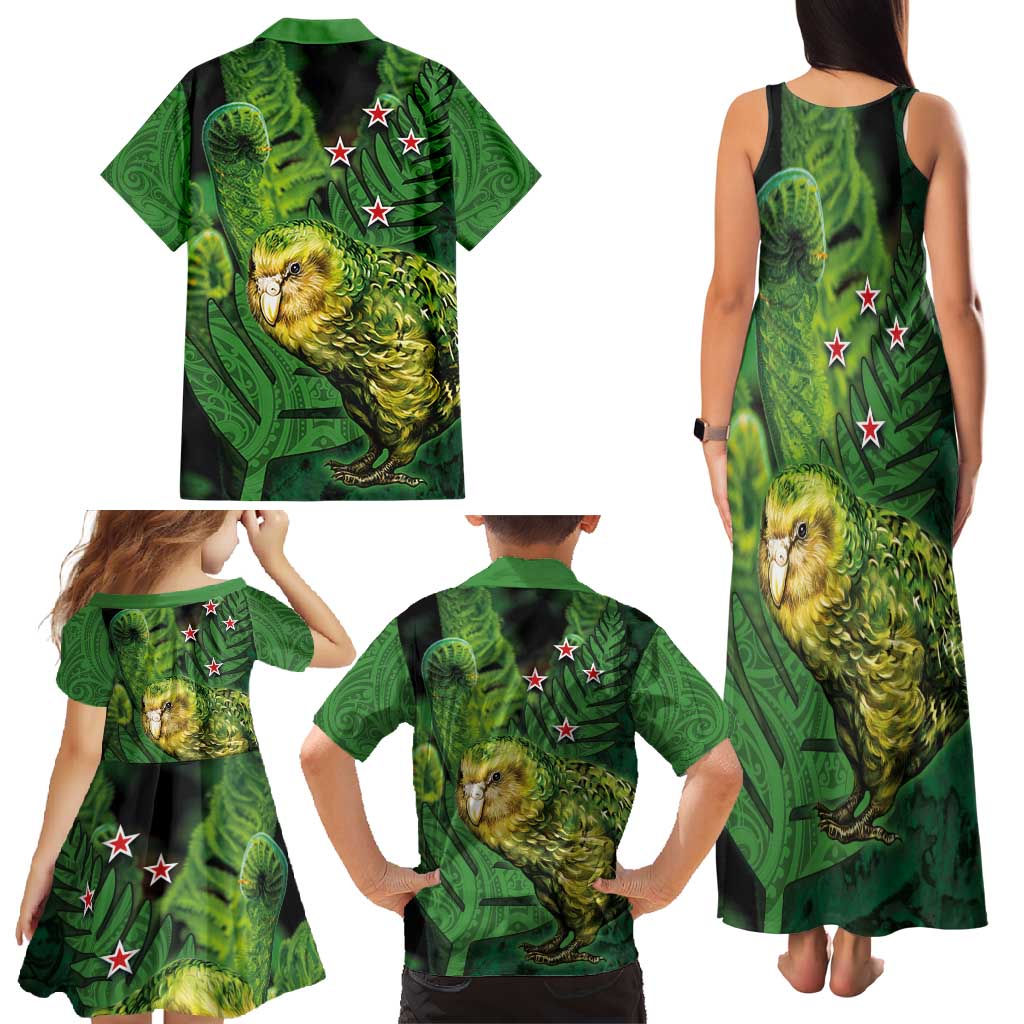 New Zealand Kākāpō Family Matching Tank Maxi Dress and Hawaiian Shirt Silver Fern with Close up of Green Fern Leaves and Maori Tattoo