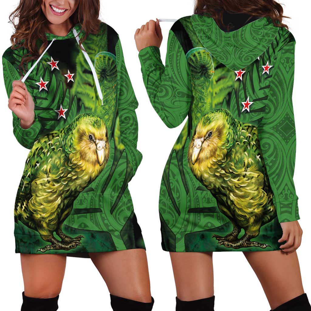 New Zealand Kākāpō Hoodie Dress Silver Fern with Close up of Green Fern Leaves and Maori Tattoo
