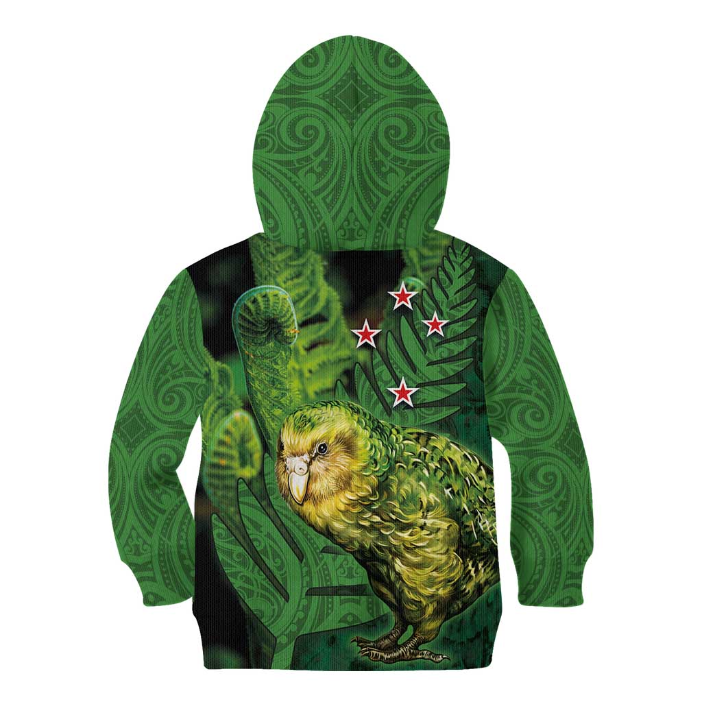 New Zealand Kākāpō Kid Hoodie Silver Fern with Close up of Green Fern Leaves and Maori Tattoo