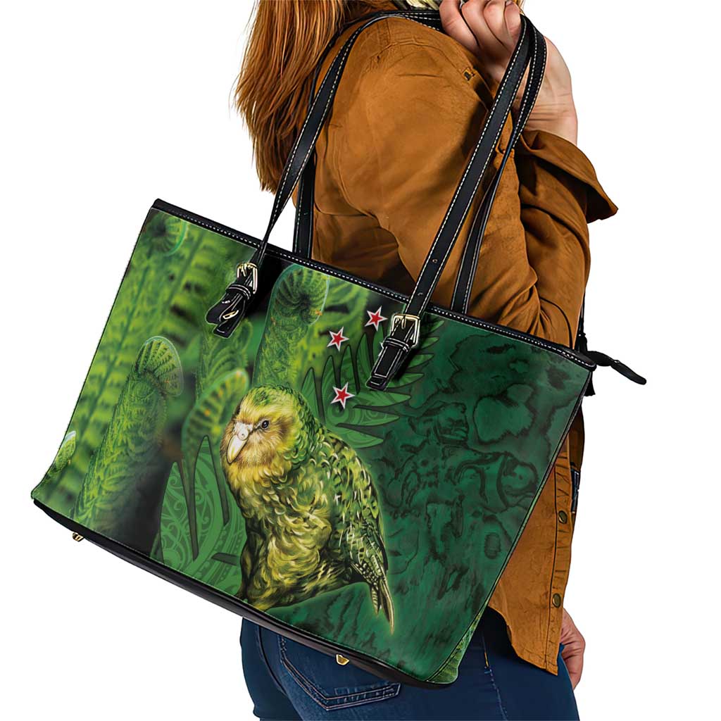 New Zealand Kākāpō Leather Tote Bag Silver Fern with Close up of Green Fern Leaves and Maori Tattoo