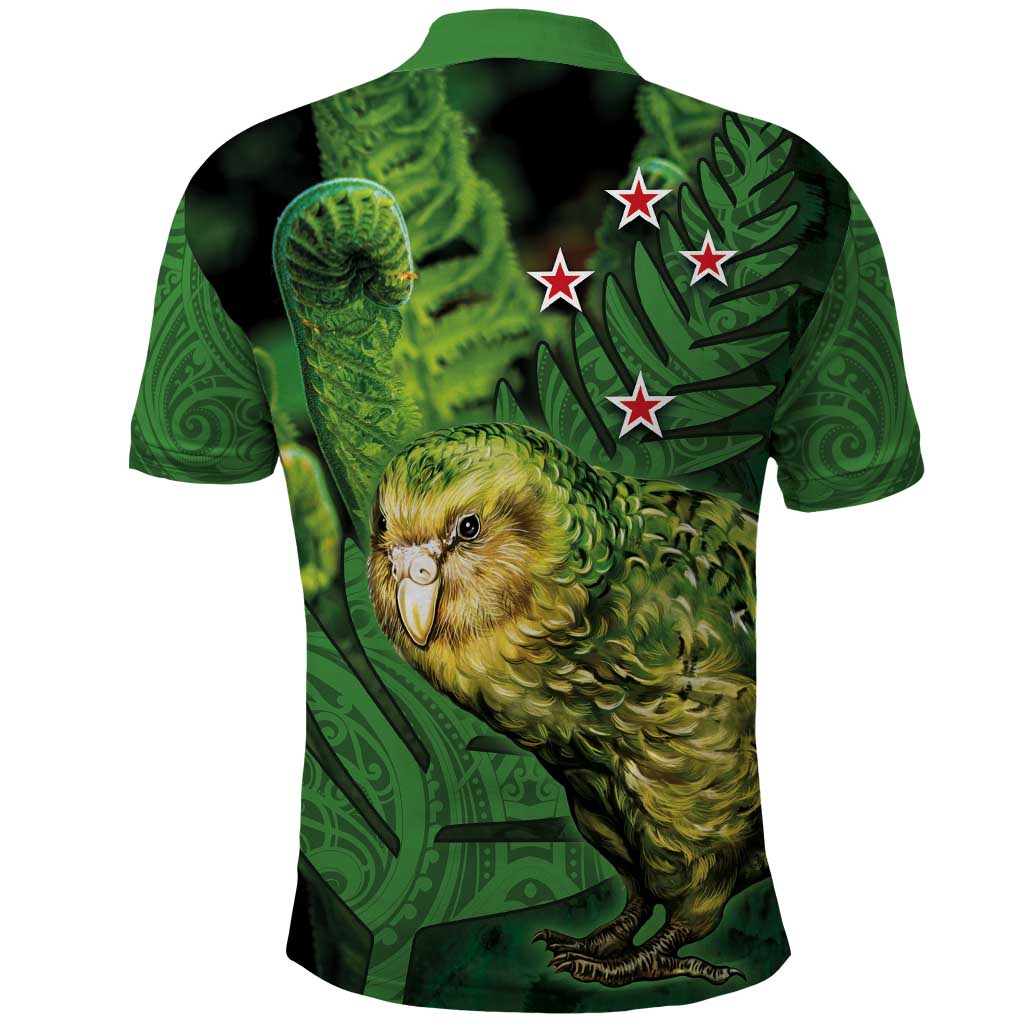 New Zealand Kākāpō Polo Shirt Silver Fern with Close up of Green Fern Leaves and Maori Tattoo