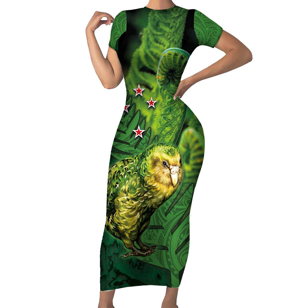 New Zealand Kkp Short Sleeve Bodycon Dress Silver Fern with Close up of Green Fern Leaves and Maori Tattoo LT03 Long Dress Green - Polynesian Pride