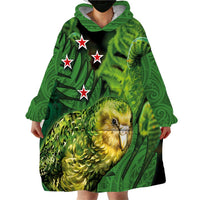 New Zealand Kākāpō Wearable Blanket Hoodie Silver Fern with Close up of Green Fern Leaves and Maori Tattoo