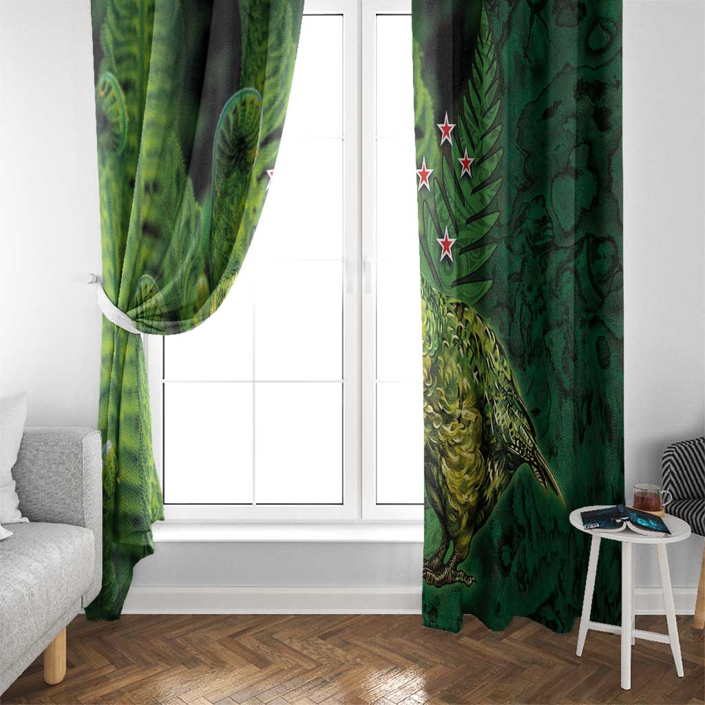 New Zealand Kākāpō Window Curtain Silver Fern with Close up of Green Fern Leaves and Maori Tattoo