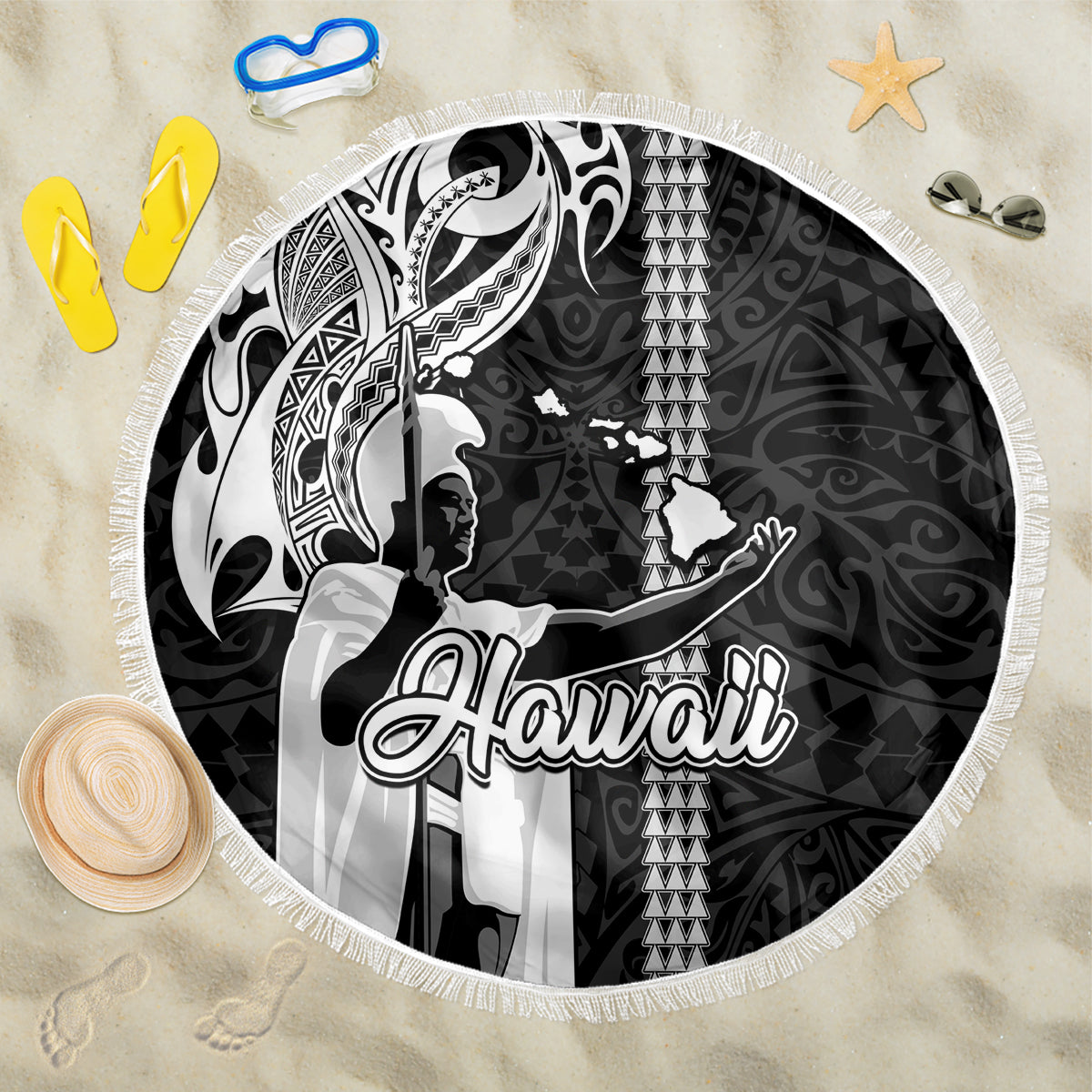 Hawaii Lanai Island Beach Blanket Hawaiian King and Kakau Symbols Abstract Shoulder Tattoo LT03 One Size 150cm Black - Wonder Print Shop