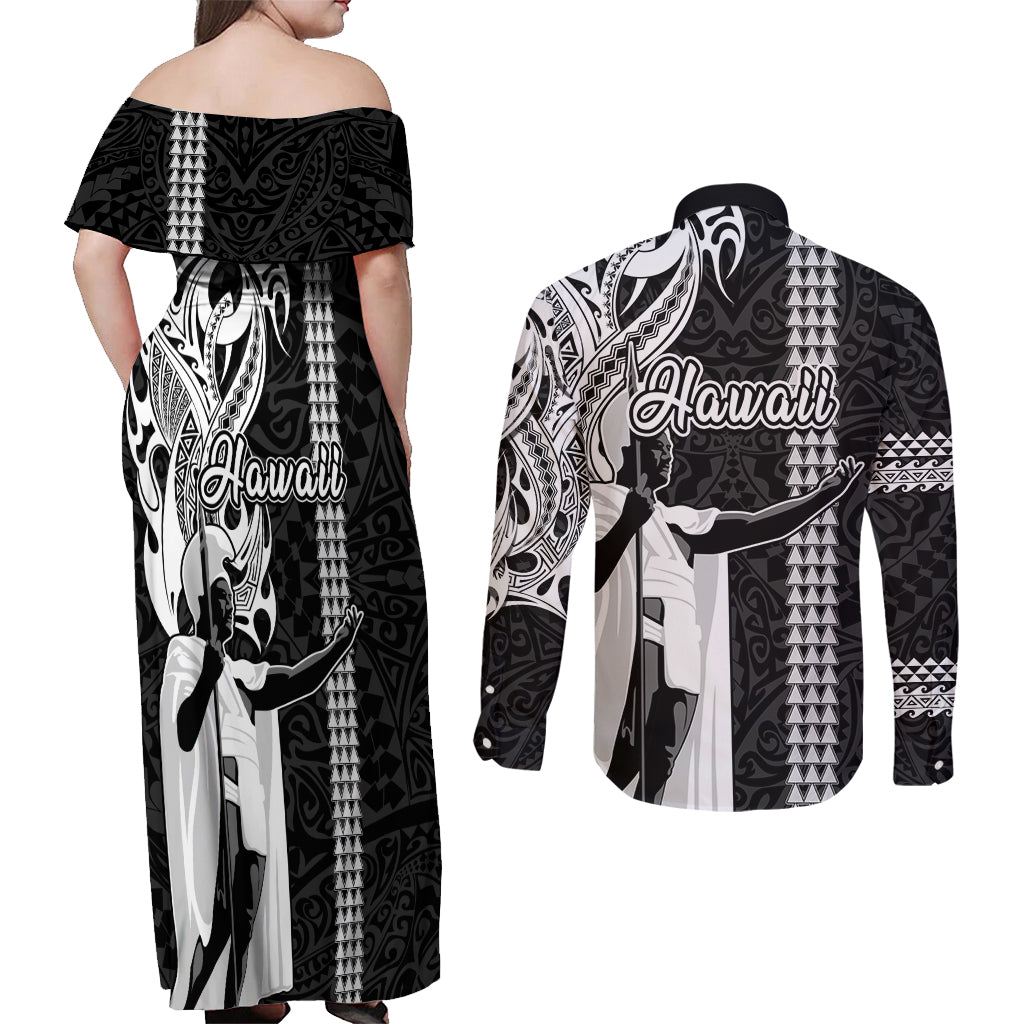 Hawaii Lanai Island Couples Matching Off Shoulder Maxi Dress and Long Sleeve Button Shirts Hawaiian King and Kakau Symbols Abstract Shoulder Tattoo LT03 - Polynesian Pride