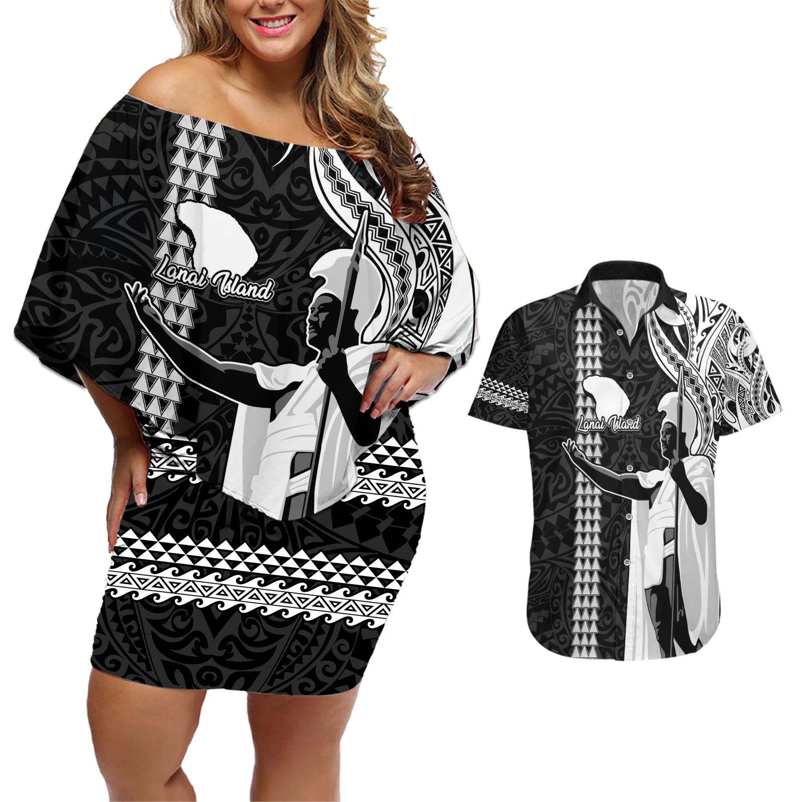 Hawaii Lanai Island Couples Matching Off Shoulder Short Dress and Hawaiian Shirt Hawaiian King and Kakau Symbols Abstract Shoulder Tattoo LT03 Black - Polynesian Pride