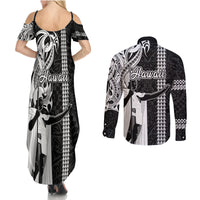 Hawaii Lanai Island Couples Matching Summer Maxi Dress and Long Sleeve Button Shirts Hawaiian King and Kakau Symbols Abstract Shoulder Tattoo LT03 - Polynesian Pride