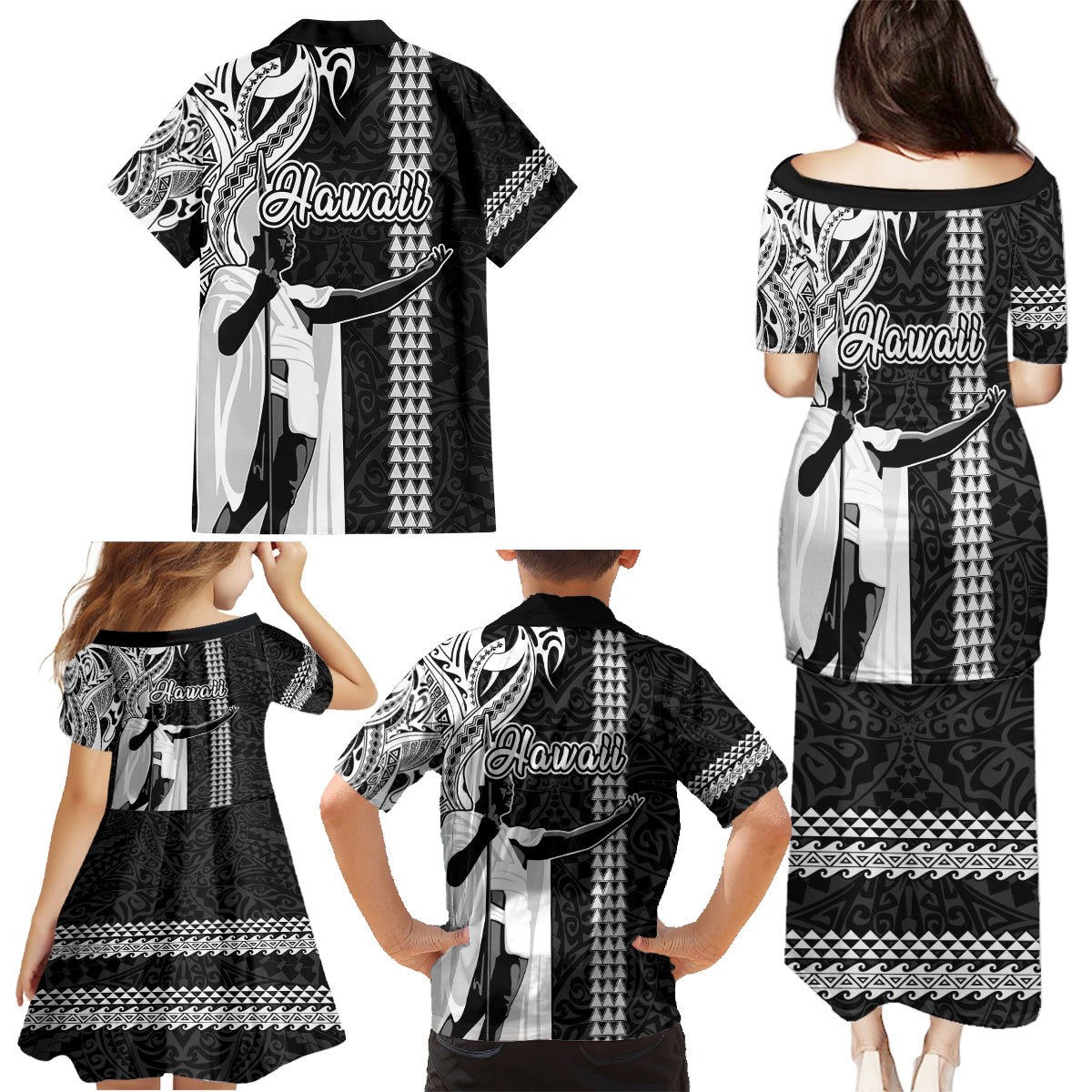 Hawaii Lanai Island Family Matching Puletasi Dress and Hawaiian Shirt Hawaiian King and Kakau Symbols Abstract Shoulder Tattoo LT03 - Polynesian Pride