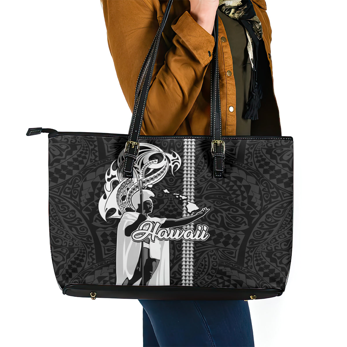 Hawaii Lanai Island Leather Tote Bag Hawaiian King and Kakau Symbols Abstract Shoulder Tattoo LT03 - Polynesian Pride