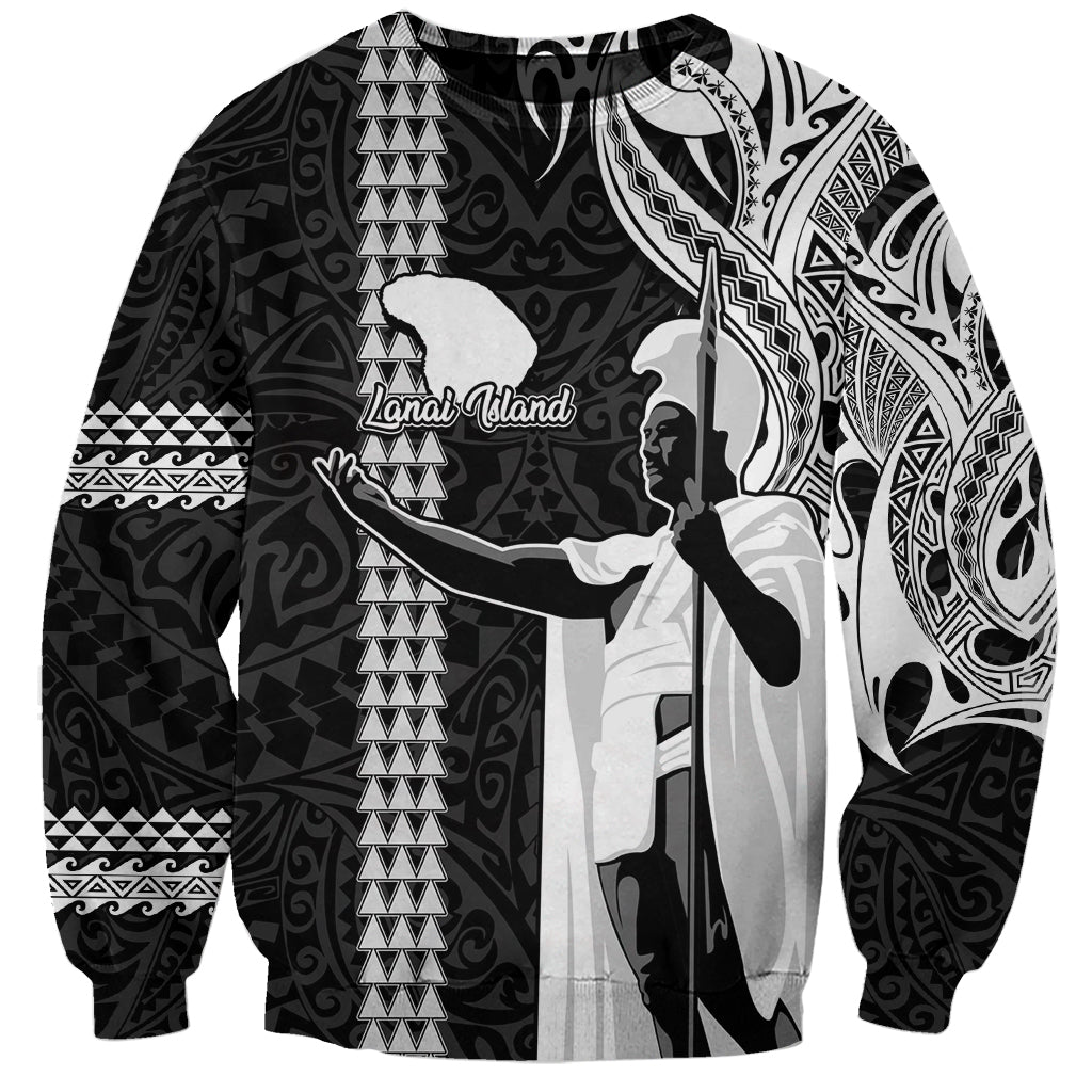 Hawaii Lanai Island Sweatshirt Hawaiian King and Kakau Symbols Abstract Shoulder Tattoo LT03 Unisex Black - Polynesian Pride