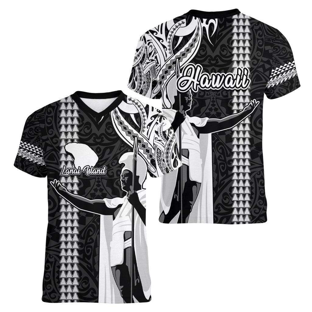 Hawaii Lanai Island Women V Neck T Shirt Hawaiian King and Kakau Symbols Abstract Shoulder Tattoo LT03 - Polynesian Pride