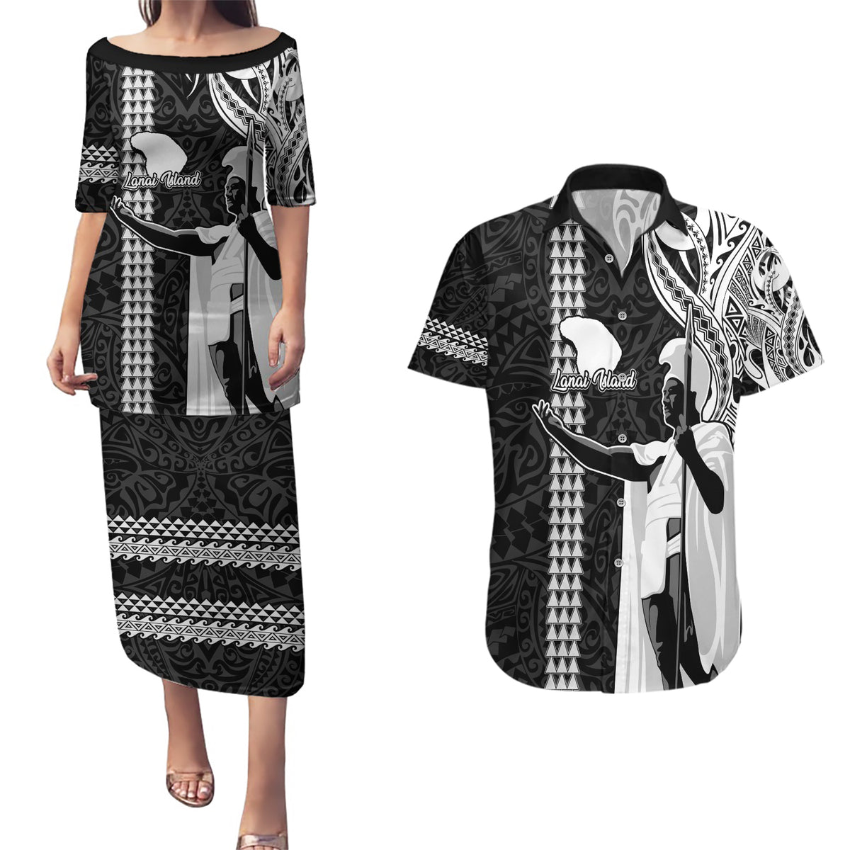 Custom Hawaii Lanai Island Couples Matching Puletasi Dress and Hawaiian Shirt Hawaiian King and Kakau Symbols Abstract Shoulder Tattoo LT03 Black - Polynesian Pride