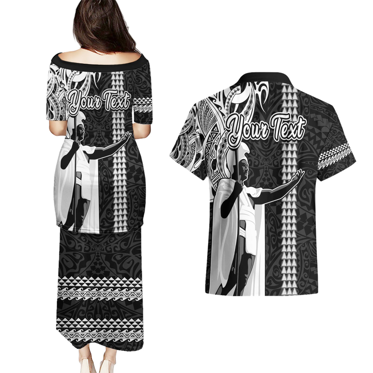 Custom Hawaii Lanai Island Couples Matching Puletasi Dress and Hawaiian Shirt Hawaiian King and Kakau Symbols Abstract Shoulder Tattoo LT03 - Polynesian Pride