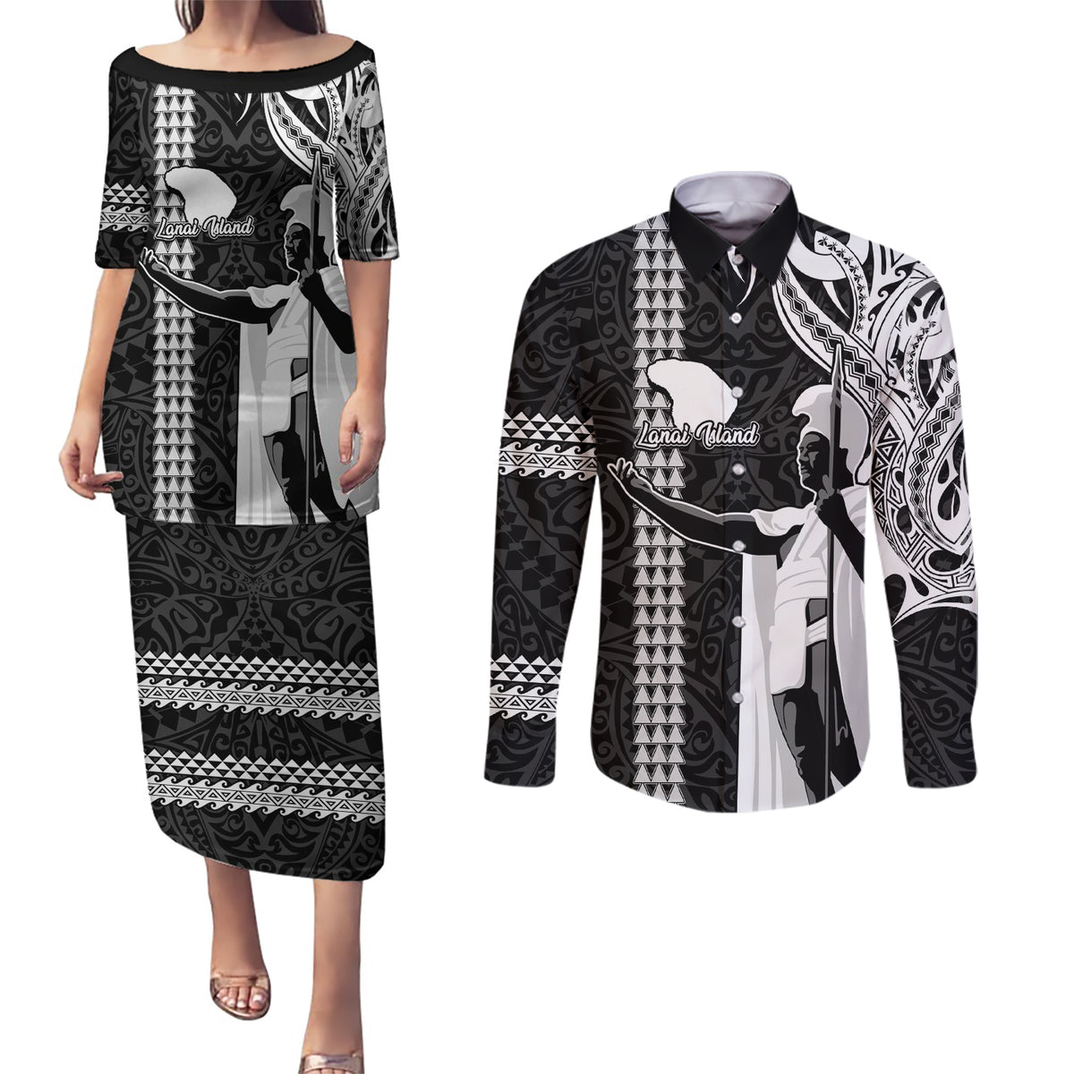Custom Hawaii Lanai Island Couples Matching Puletasi Dress and Long Sleeve Button Shirts Hawaiian King and Kakau Symbols Abstract Shoulder Tattoo LT03 Black - Polynesian Pride