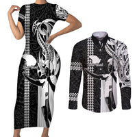 Custom Hawaii Lanai Island Couples Matching Short Sleeve Bodycon Dress and Long Sleeve Button Shirts Hawaiian King and Kakau Symbols Abstract Shoulder Tattoo LT03 Black - Polynesian Pride