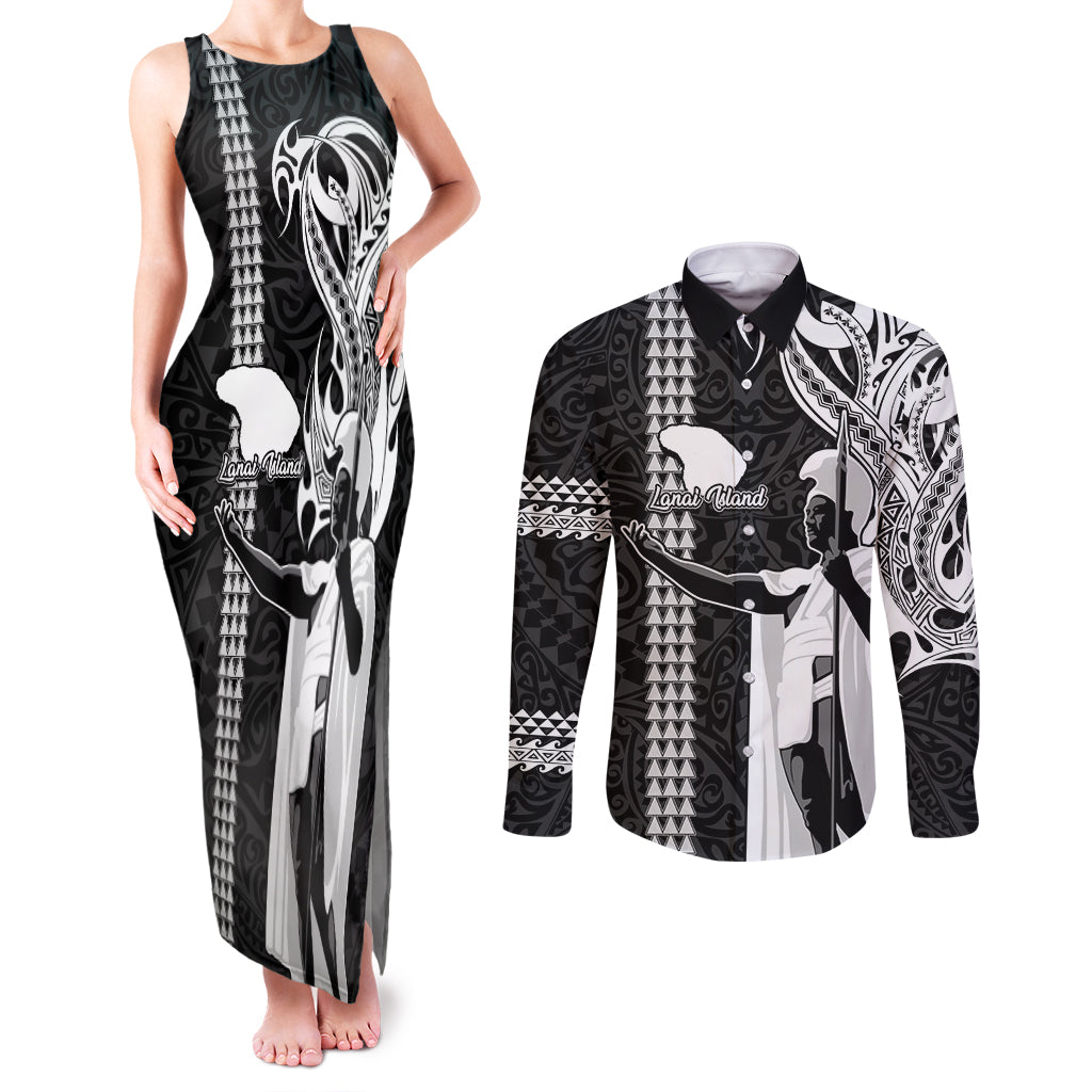 Custom Hawaii Lanai Island Couples Matching Tank Maxi Dress and Long Sleeve Button Shirts Hawaiian King and Kakau Symbols Abstract Shoulder Tattoo LT03 Black - Polynesian Pride