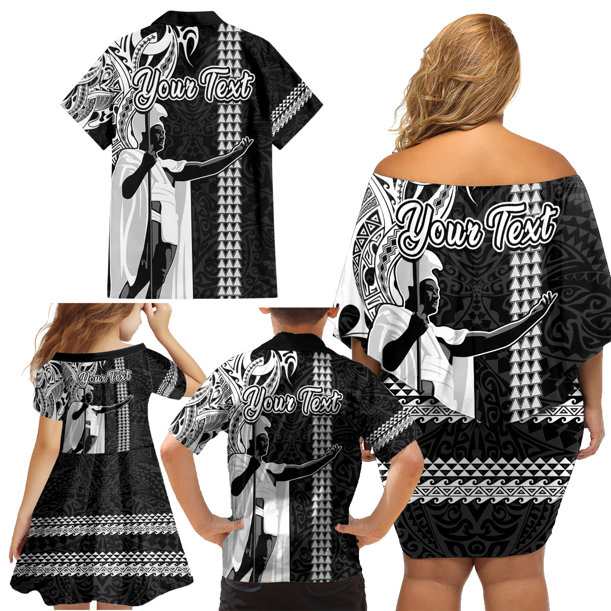 Custom Hawaii Lanai Island Family Matching Off Shoulder Short Dress and Hawaiian Shirt Hawaiian King and Kakau Symbols Abstract Shoulder Tattoo LT03 - Polynesian Pride