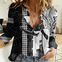 Custom Hawaii Lanai Island Women Casual Shirt Hawaiian King and Kakau Symbols Abstract Shoulder Tattoo LT03 Female Black - Polynesian Pride