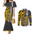 Hawaii Molokai Island Couples Matching Mermaid Dress and Long Sleeve Button Shirts Hawaiian Warrior and Kakau Symbols Abstract Tattoo LT03 Yellow - Polynesian Pride